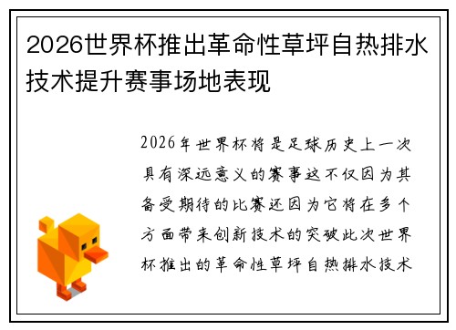 2026世界杯推出革命性草坪自热排水技术提升赛事场地表现