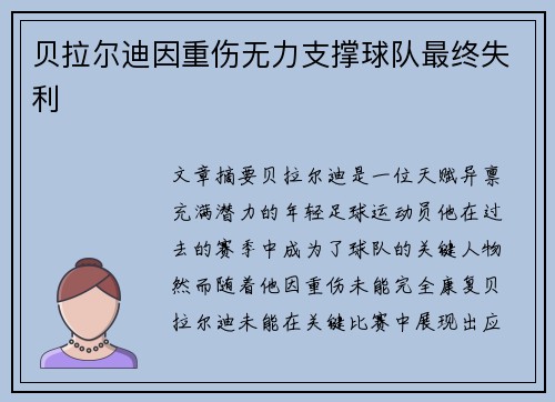 贝拉尔迪因重伤无力支撑球队最终失利