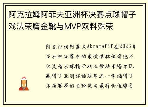 阿克拉姆阿菲夫亚洲杯决赛点球帽子戏法荣膺金靴与MVP双料殊荣 阿克拉姆阿菲夫亚洲杯决赛点球帽子戏法荣膺金靴与MVP双料殊荣