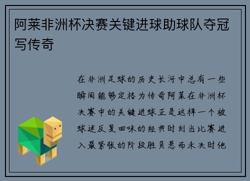 阿莱非洲杯决赛关键进球助球队夺冠写传奇