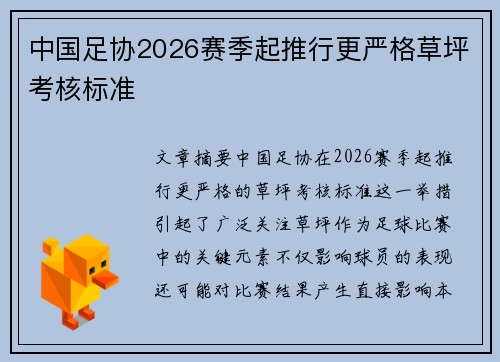 中国足协2026赛季起推行更严格草坪考核标准