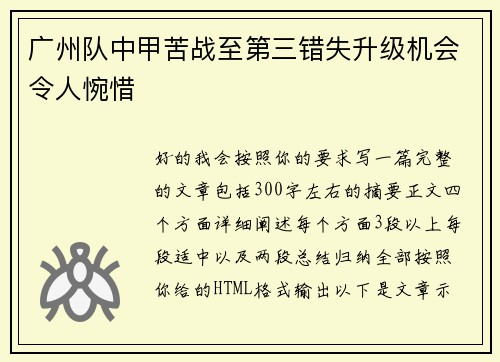 广州队中甲苦战至第三错失升级机会令人惋惜